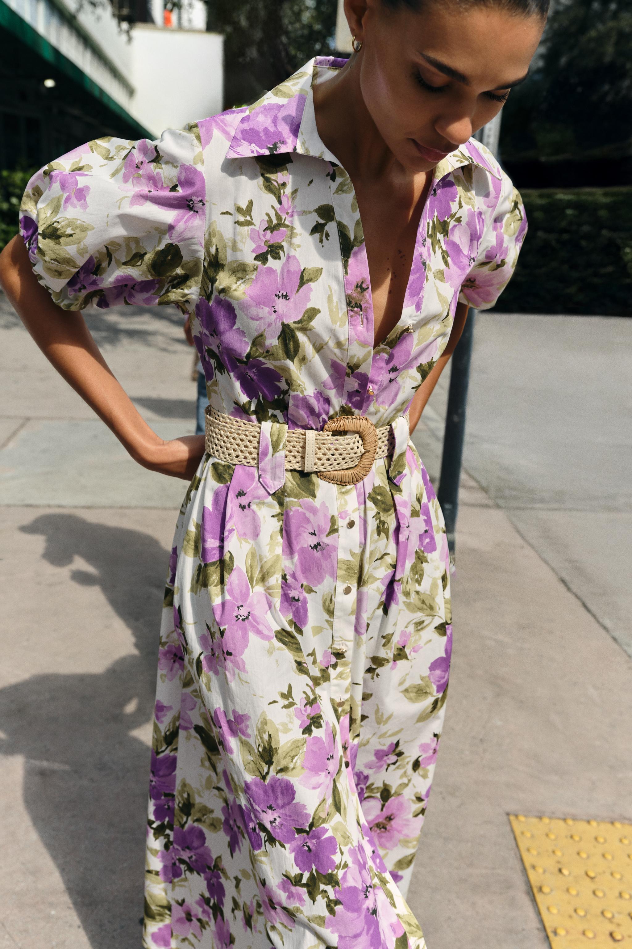 FLORAL PRINT BELTED MIDI DRESS
